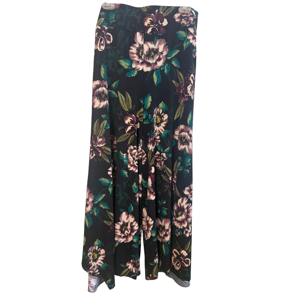 Du Jour Women's 2X Wide Leg Floral Pants Black Purple Green Stretch Pull On